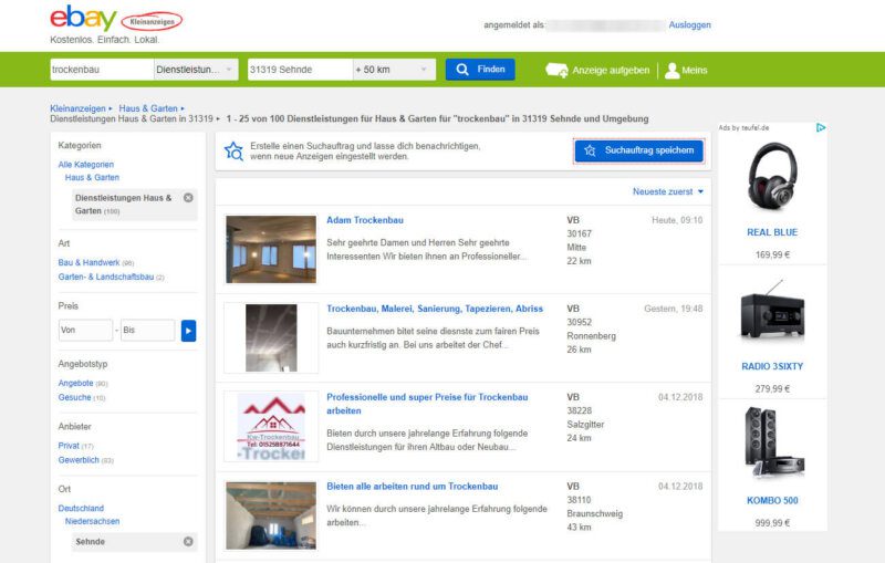 eBay Kleinanzeigen: Suche nach Trockenbauer