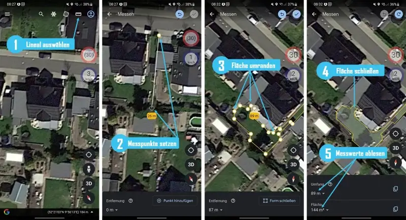 Google Earth - Am Smartphone Entfernung und Fläche messen